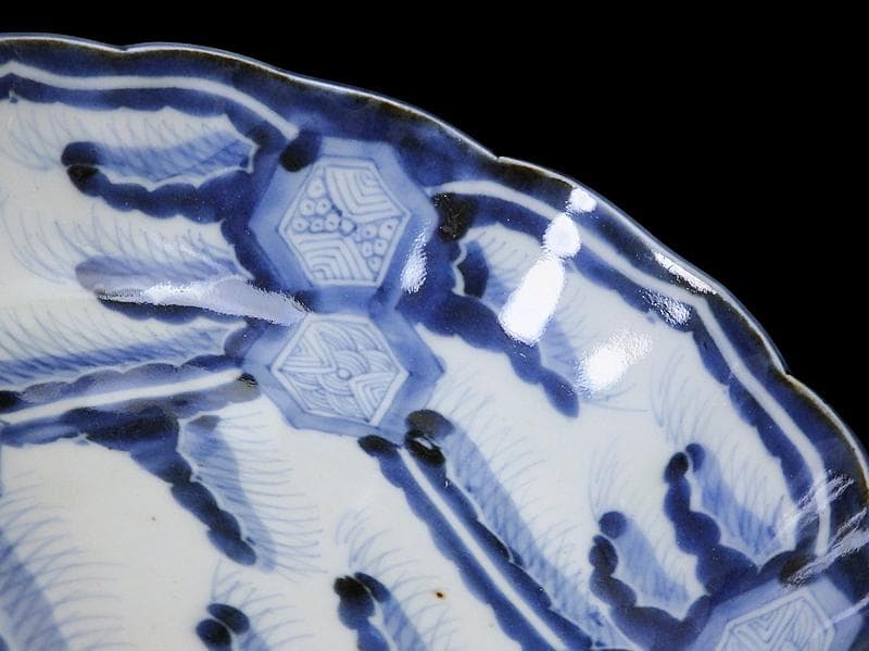 古伊万里　染付　亀甲紋に草花紋の図 膾皿　江戸期　D568AS-fbsx