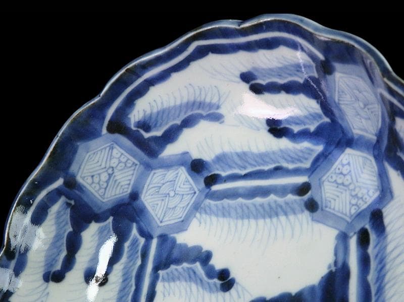 古伊万里　染付　亀甲紋に草花紋の図 膾皿　江戸期　D568AS-fbsx