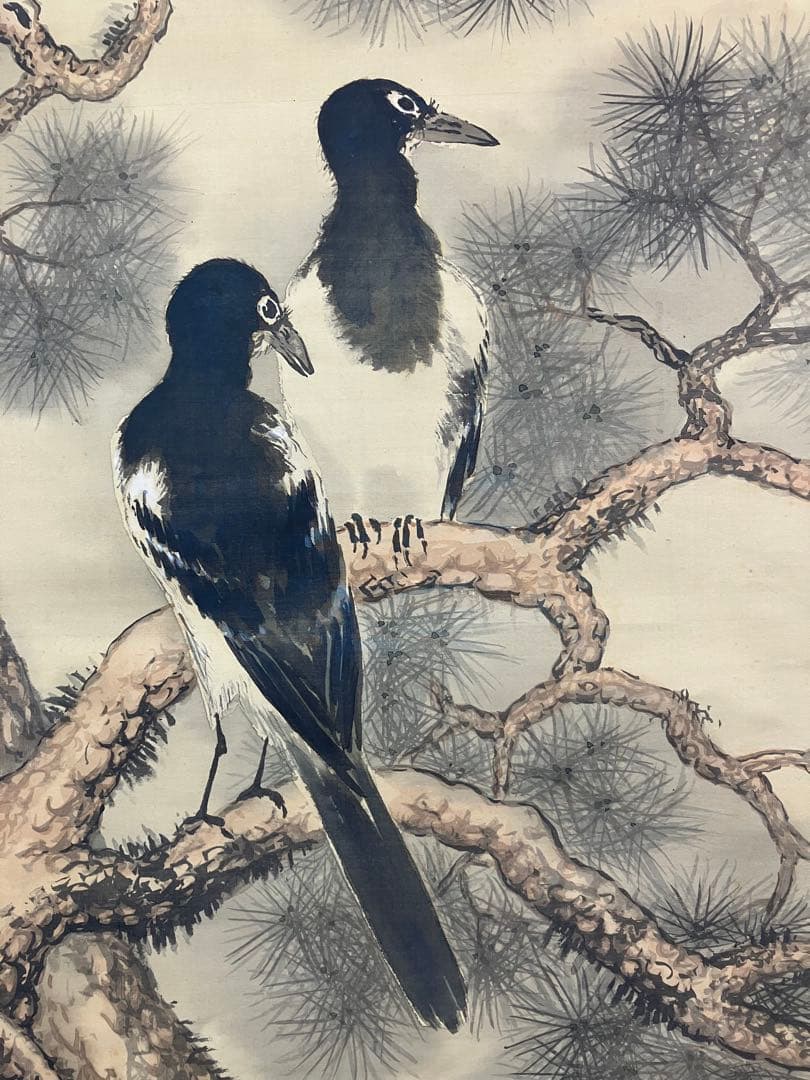 山下仙谷【花鳥 図】絹本　掛軸（箱破損）(検索ワード：渡辺崋山)