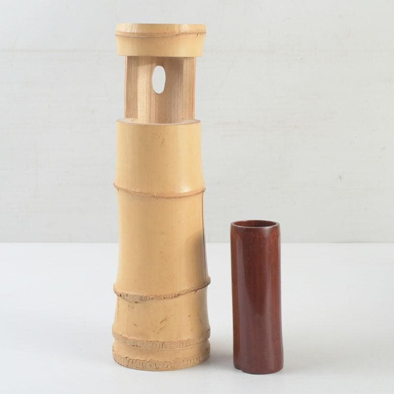 茶道具 指物師 稲垣信斎作 一重切 竹花入 銘「清水」 共布共箱 V