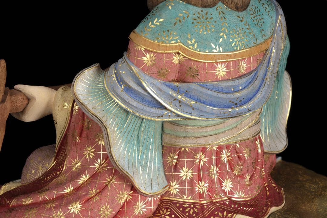 現代大仏師 向吉悠睦 秀逸作 木彫彩色像 琵琶を奏でる天女 ガラス