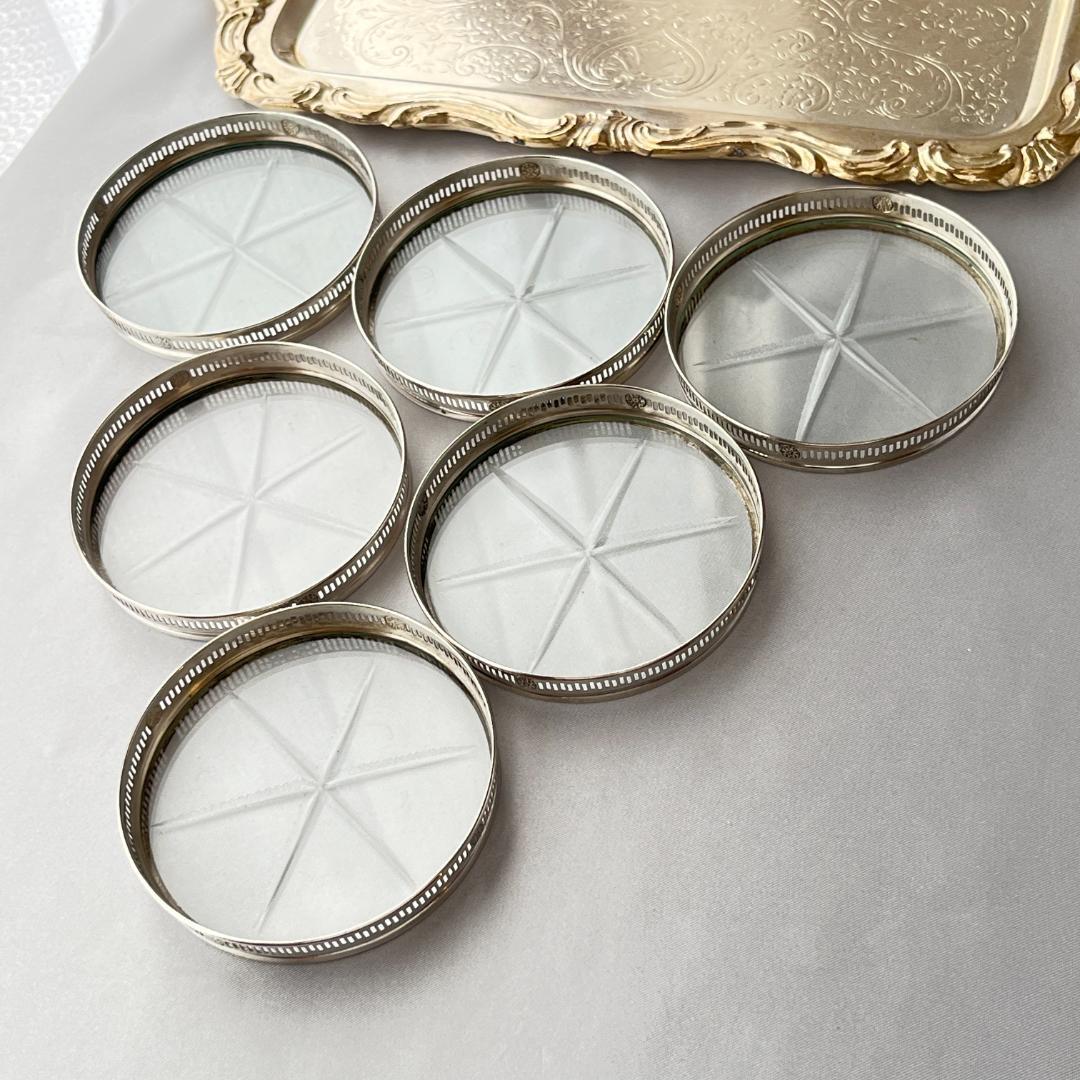 【Webster】 【純銀 / ガラス】紋章のコースター 6枚 スターリング