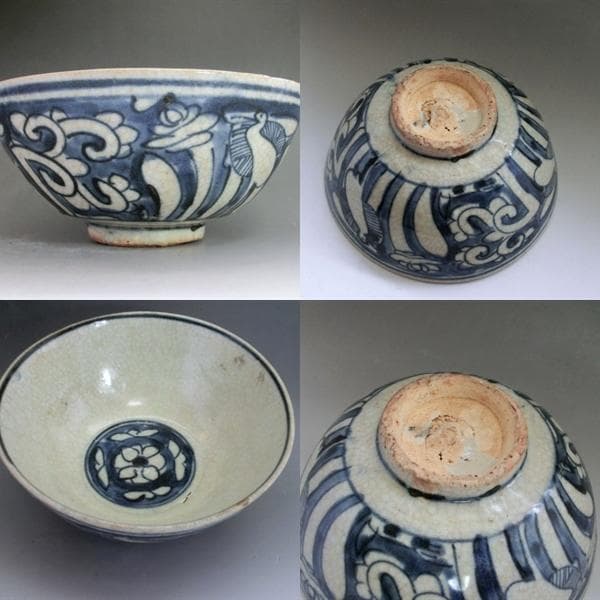 茶碗■鉢 古い染付 鷺（さぎ） 花唐草 お茶道具 菓子器 古玩 時代物 骨董品■ 茶碗□鉢 古い染付 鷺（さぎ） 花唐草 お茶道具 菓子器 古玩 時代物