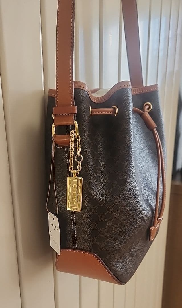 未使用【CELINE】マカダム柄　 巾着 ショルダー バッグ 　ヴィンテージ