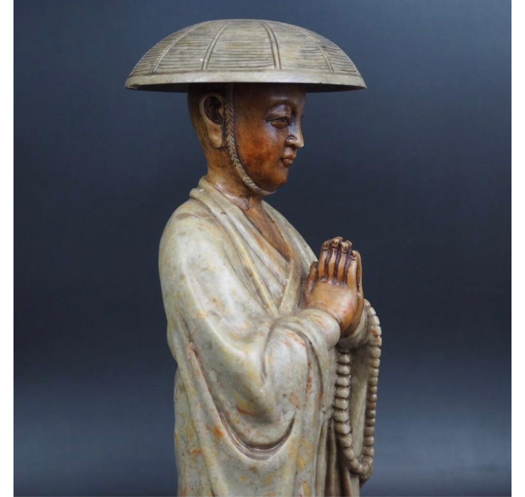 送料無料 寿山石細密彫刻 弘法大師像 高さ30cm 送料無料 寿山石細密