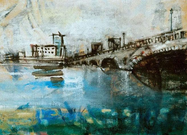 油絵 菅家令子 絵 絵画インテリア額付(銀) F4-090914 風景万代橋新潟