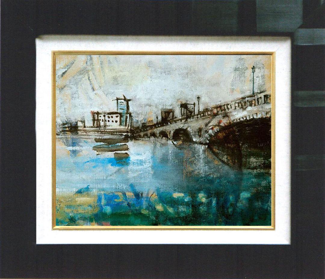 油絵 菅家令子 絵 絵画インテリア額付(銀) F4-090914 風景万代橋新潟