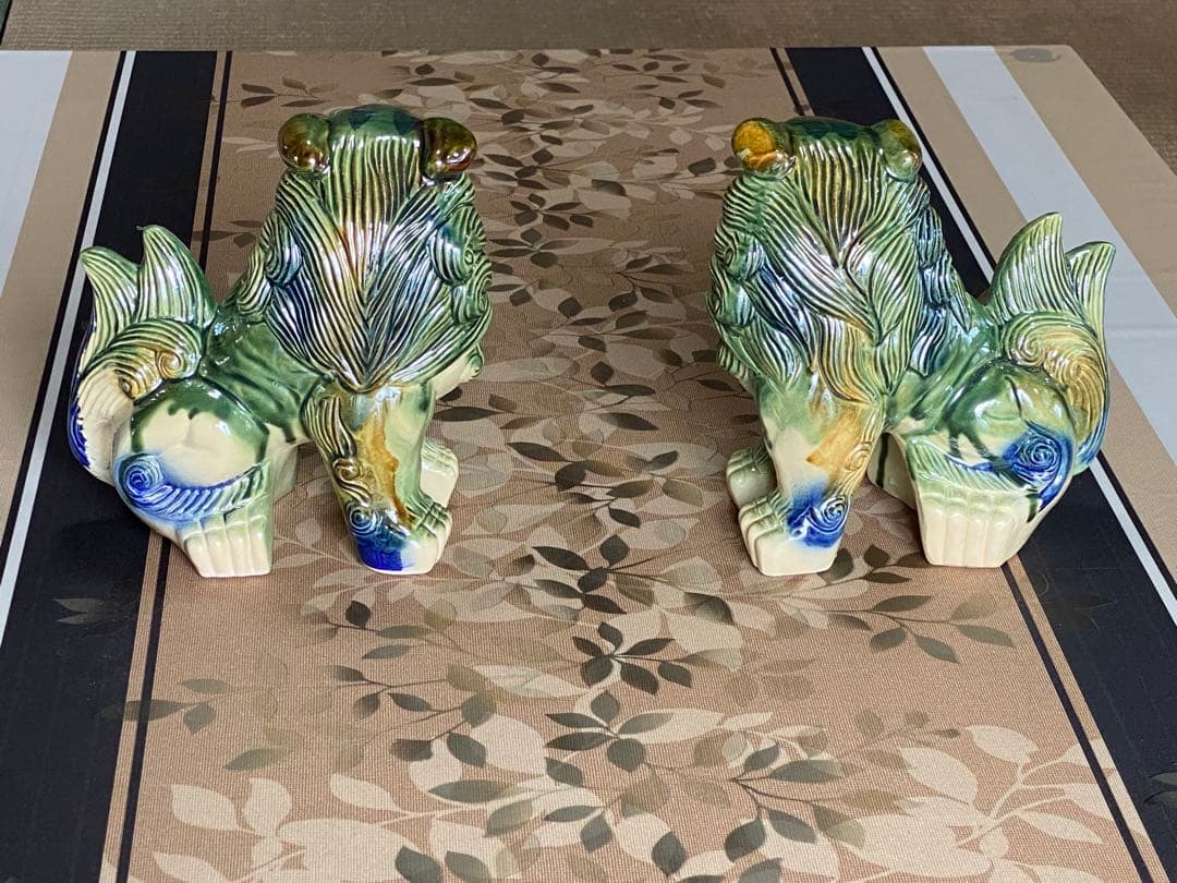 希少】陶器製 碧青シーサー2体（1体タテ22cmヨコ22cm奥行14cm）