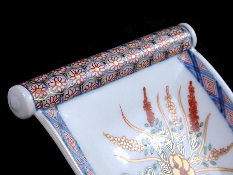 大聖寺伊万里 生け花の図 巻物型変形皿 E329AS-CQp