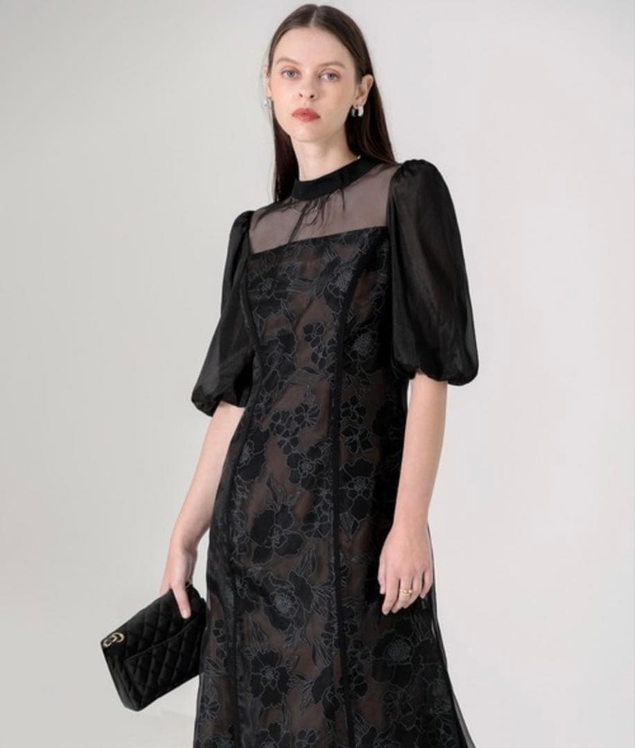 美品✨ Leja 花柄オーガンジーレース シアーパフスリーブドレス M ブラック