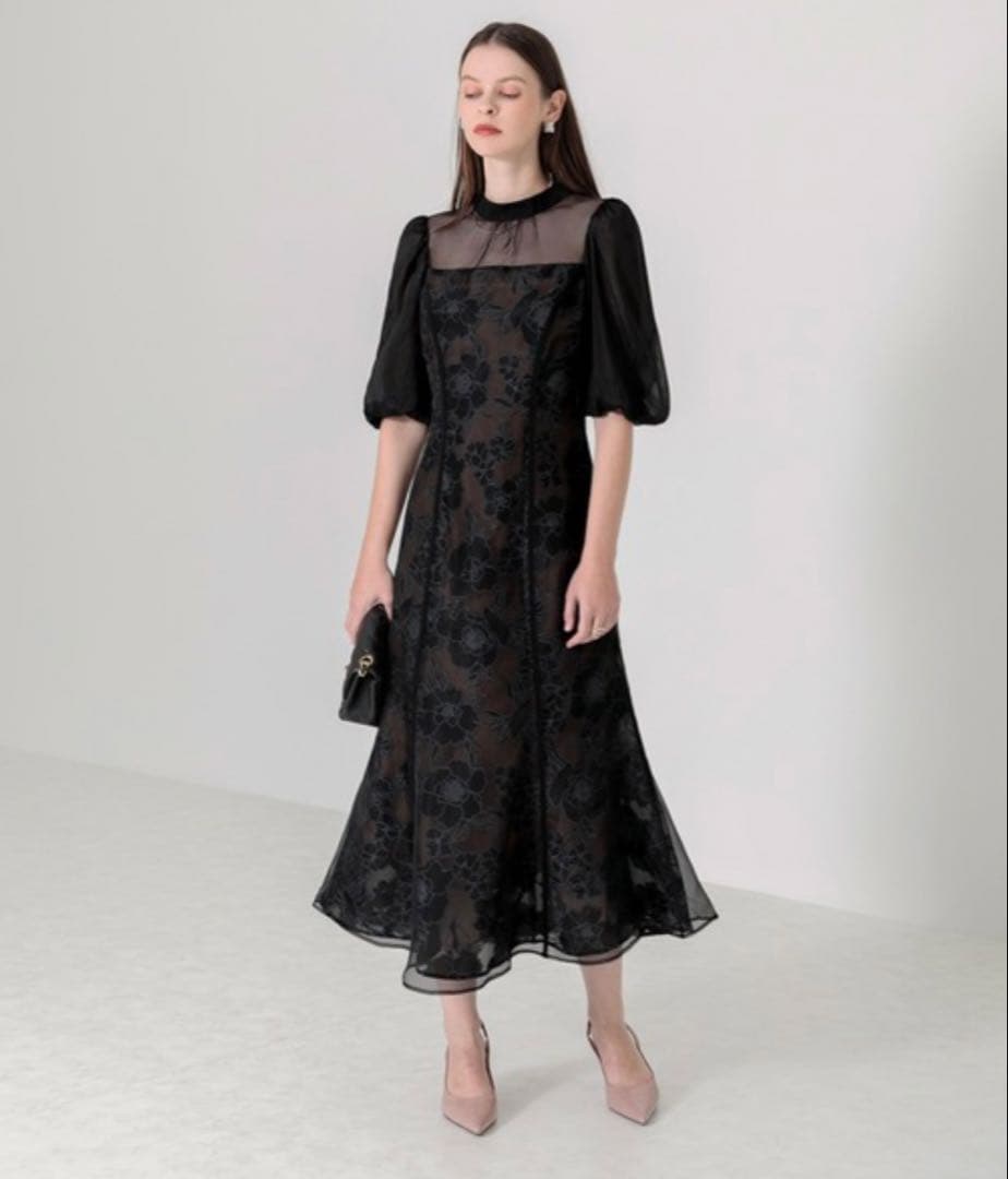 美品✨ Leja 花柄オーガンジーレース シアーパフスリーブドレス M ブラック