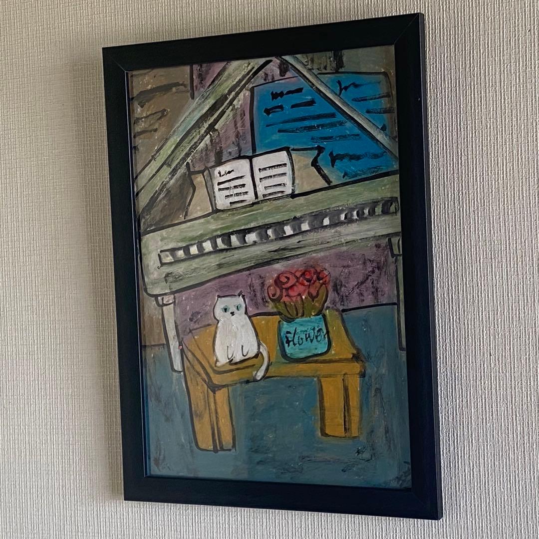 絵画。壁掛け原画【ピアノの部屋の椅子の上の白い猫と美しい花】