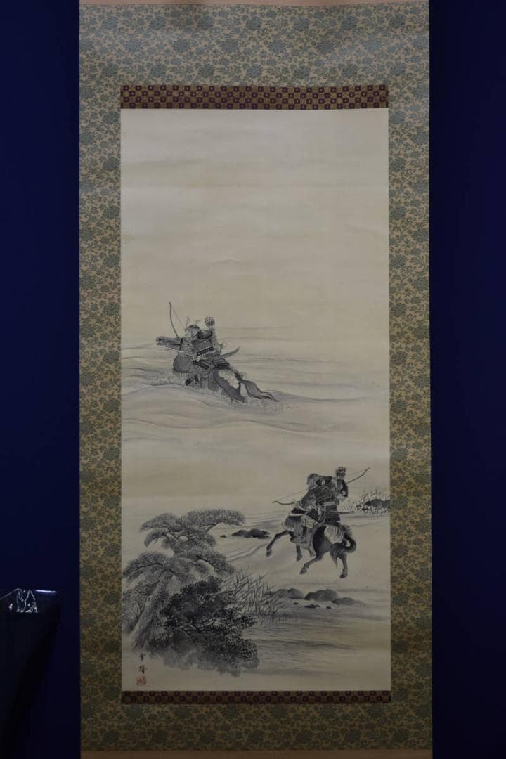 真作/雪城/宇治川合戦之図/桐共箱付/布袋屋掛軸HG-89