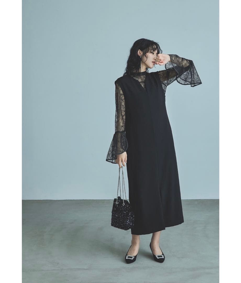 ベルスリーブスリットドレス パーティードレス 結婚式 同窓会 お呼ばれワンピース