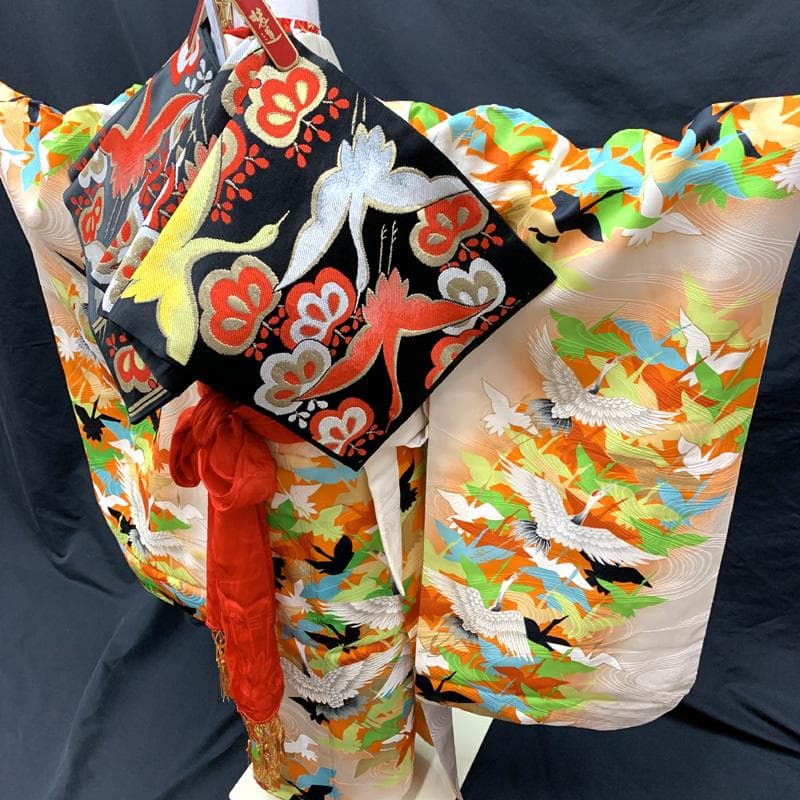 511ag12□七五三 七歳 女児 着物&袋帯&長襦袢 金彩 地紋 鶴□状態良好