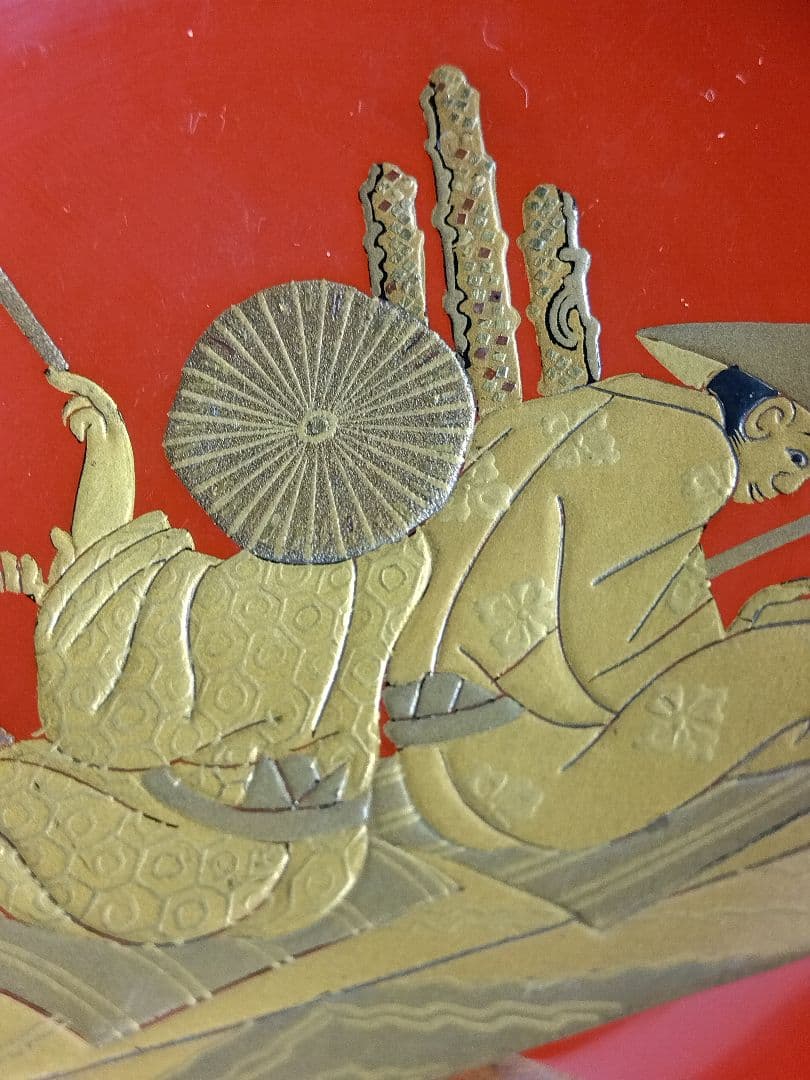 輪島塗 朱塗 時代蒔絵金人物銀富士蒔絵 杯一対 漆芸 共箱 1客の高台に