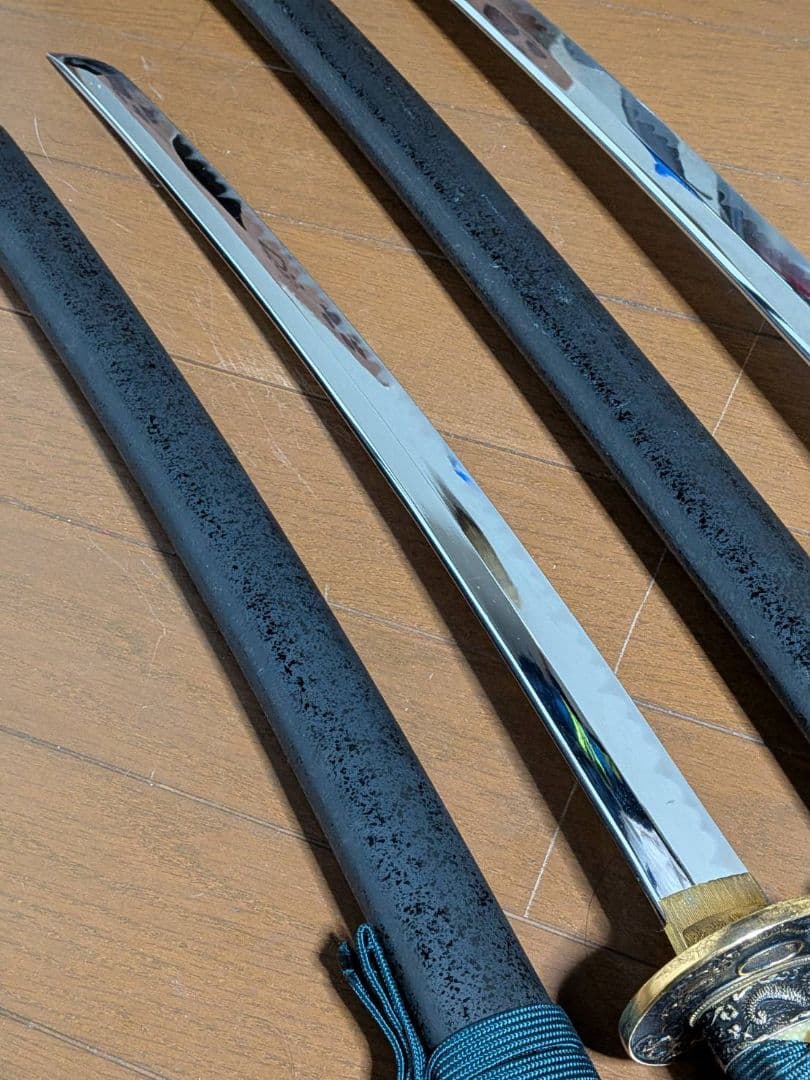 模造刀 大小2本セット 龍鍔 青糸 黒石目 全長104cm/71cm 美術刀