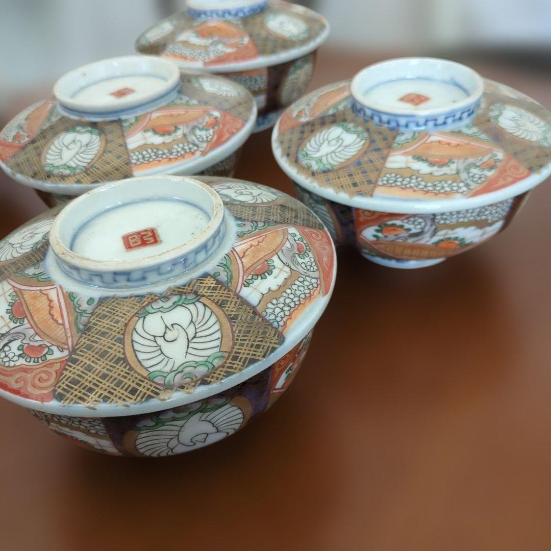 骨董　伊万里　蓋付き　茶碗　碗　色絵　錦手　アンティーク　5つ〜 骨董 伊万里 蓋付き お茶碗 碗 色絵 錦手 アンティーク 5つ〜