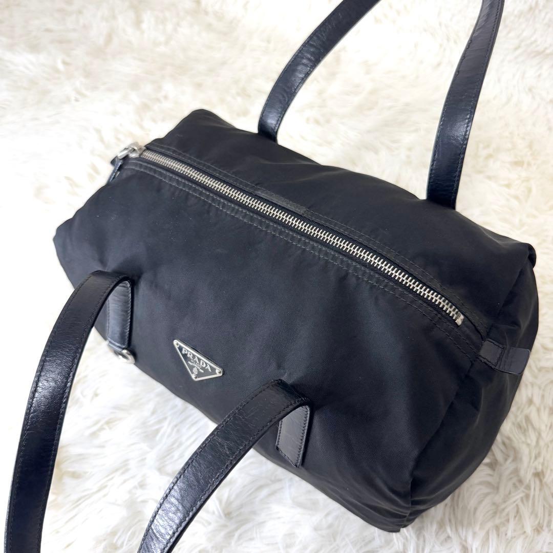 プラダ ミニボストン ハンドバッグ 三角ロゴ y2k レザー ナイロン 黒