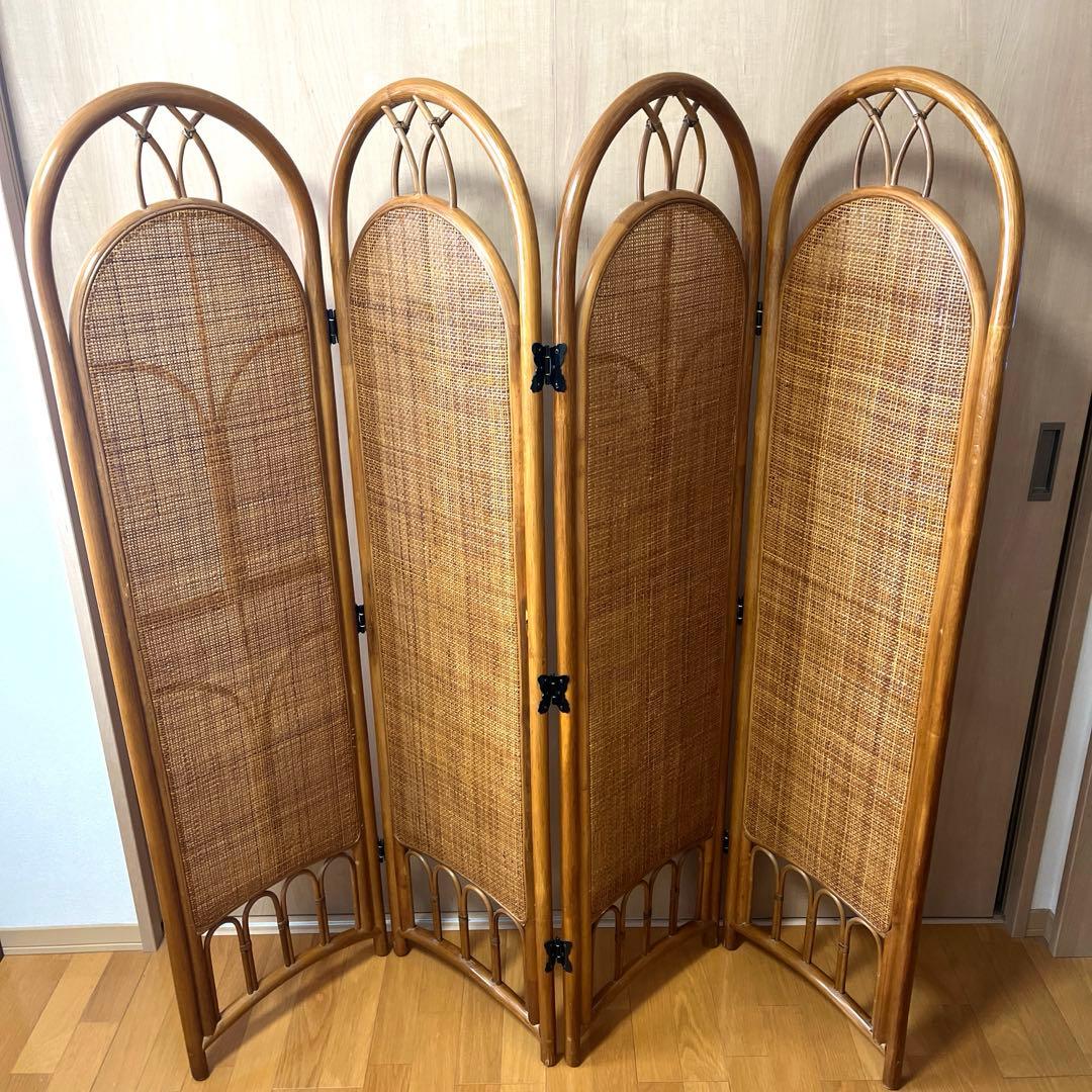 昭和レトロ 4連 ラタンパーテーション 東京ラタン 天然籐スクリーン4連 折り畳みパーテーション 衝立 木製