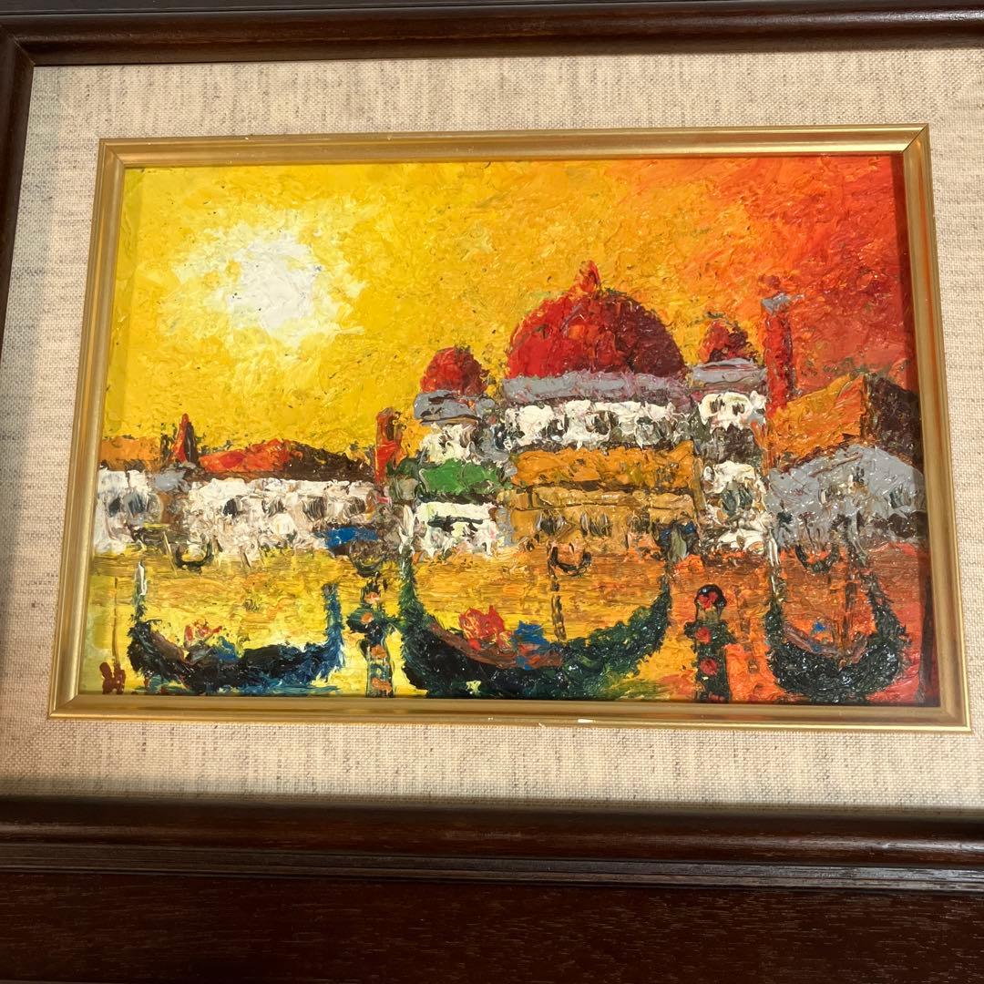 渡辺ひでき　油彩画 ベニス　風景画 木製フレーム付き