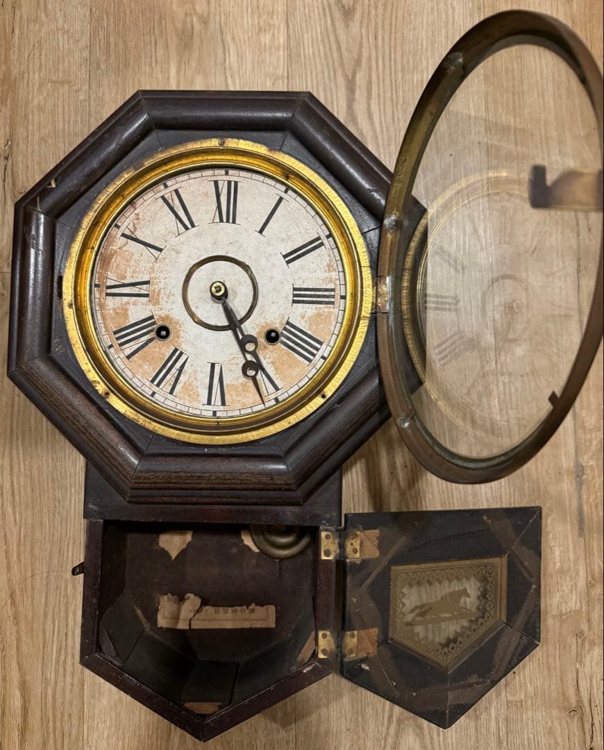 明治中期 AXTELLアメリカウェルチ社製 8インチ八角掛時計 稼働品