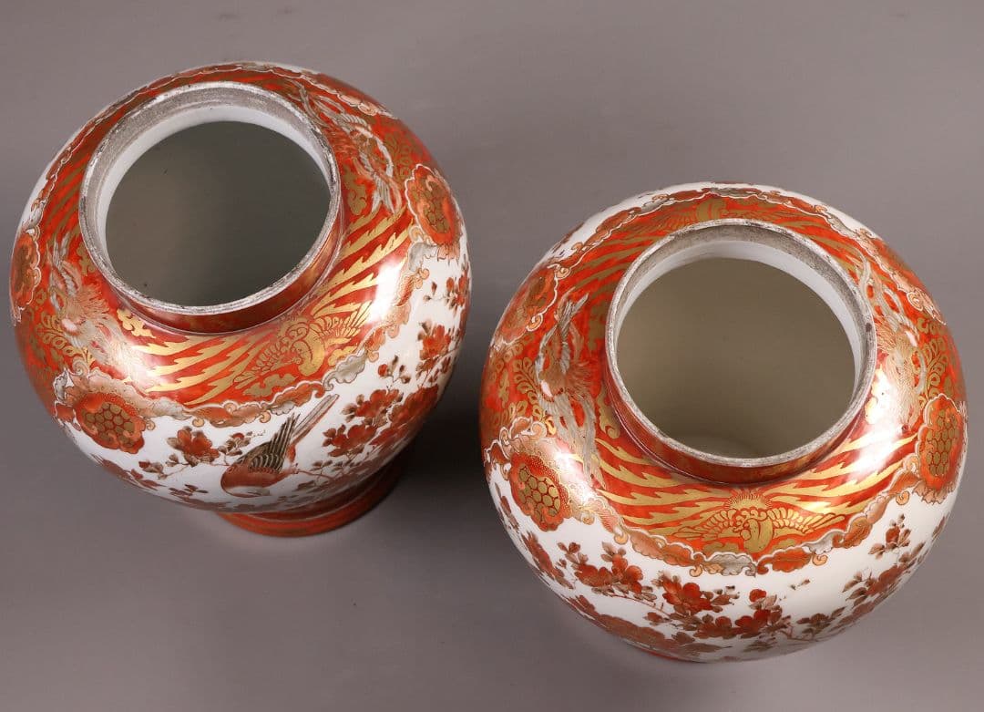 【M57】大日本九谷 久馬画 獅子 花鳥 赤絵 香壷 一対 九谷焼 香壺 沈香壺