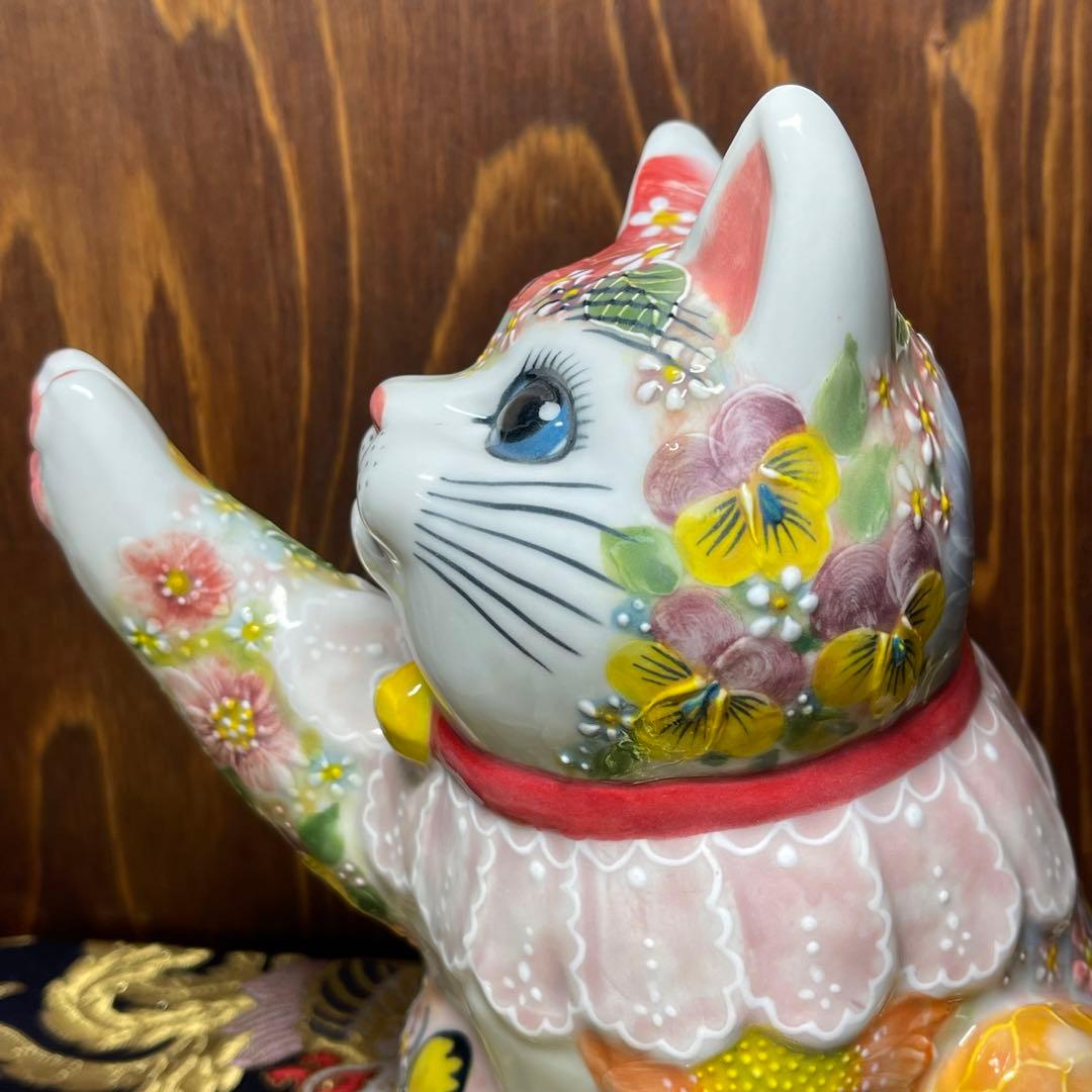 願いが叶う】九谷焼 タッチ猫 下野邦子作 イッチン 華盛り 作家 招き猫