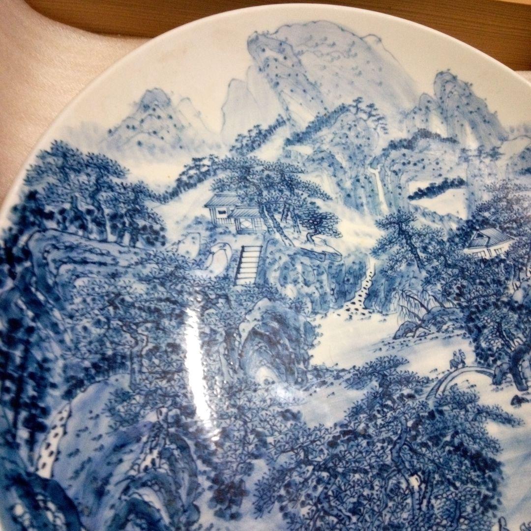 陶器大皿 直径約４５cm　青.山水画
