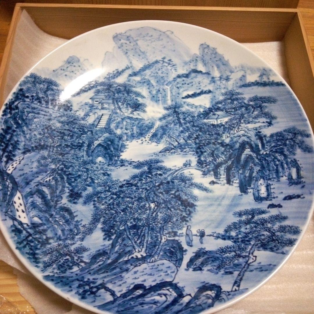 陶器大皿 直径約４５cm　青.山水画