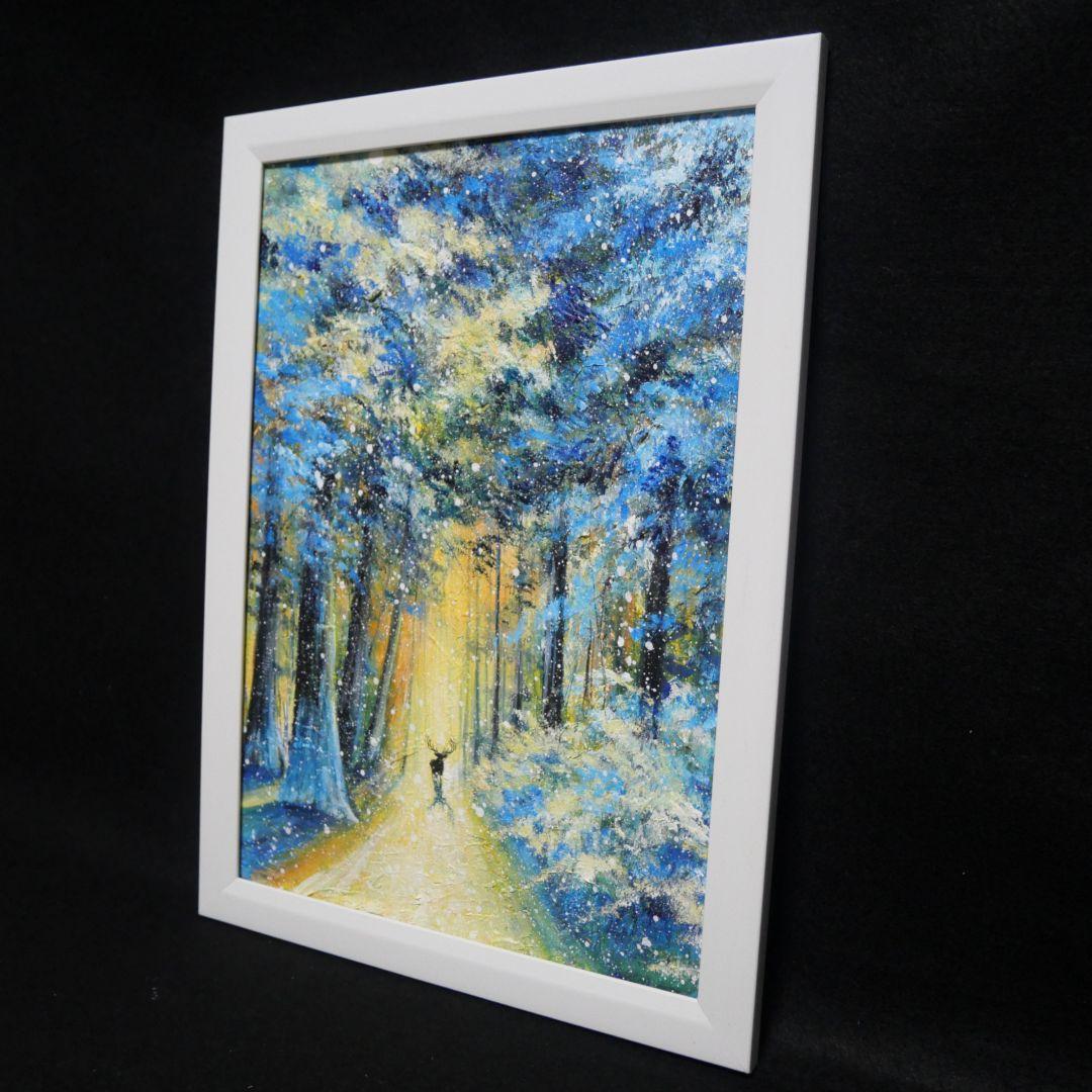 油絵 油彩 油彩画 絵 絵画　【雪景色の中で雪に立つ雄鹿】