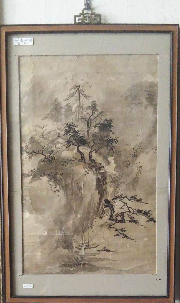 古美術/水墨画/破墨山水図/落款:雪舟等陽/