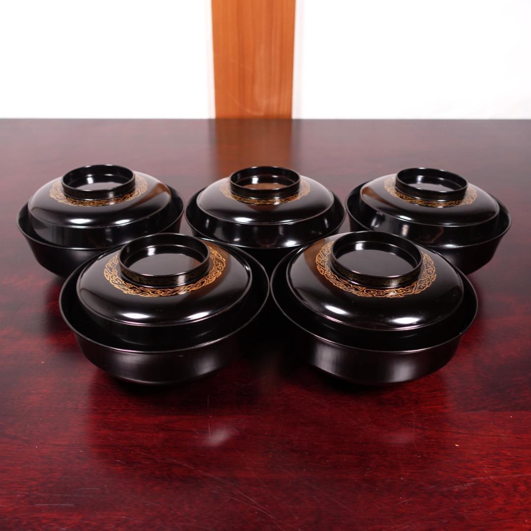 輪島塗 黒塗 見返月に双鶴蒔絵 椀 5客 天然木製漆器