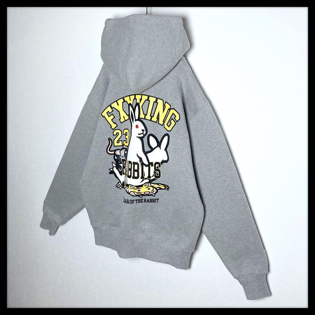 【限定モデル】FR2★センター刺繍ロゴ 兎 ビッグプリントパーカー グレー 美品