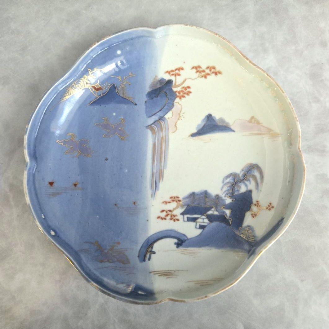 古伊万里　染め分け　変形皿　滝　薄瑠璃　江戸時代　骨董　金継ぎ　アンティーク 古伊万里 染付 富士山 変形小皿 型紙摺 江戸時代 骨董 アンティーク 古