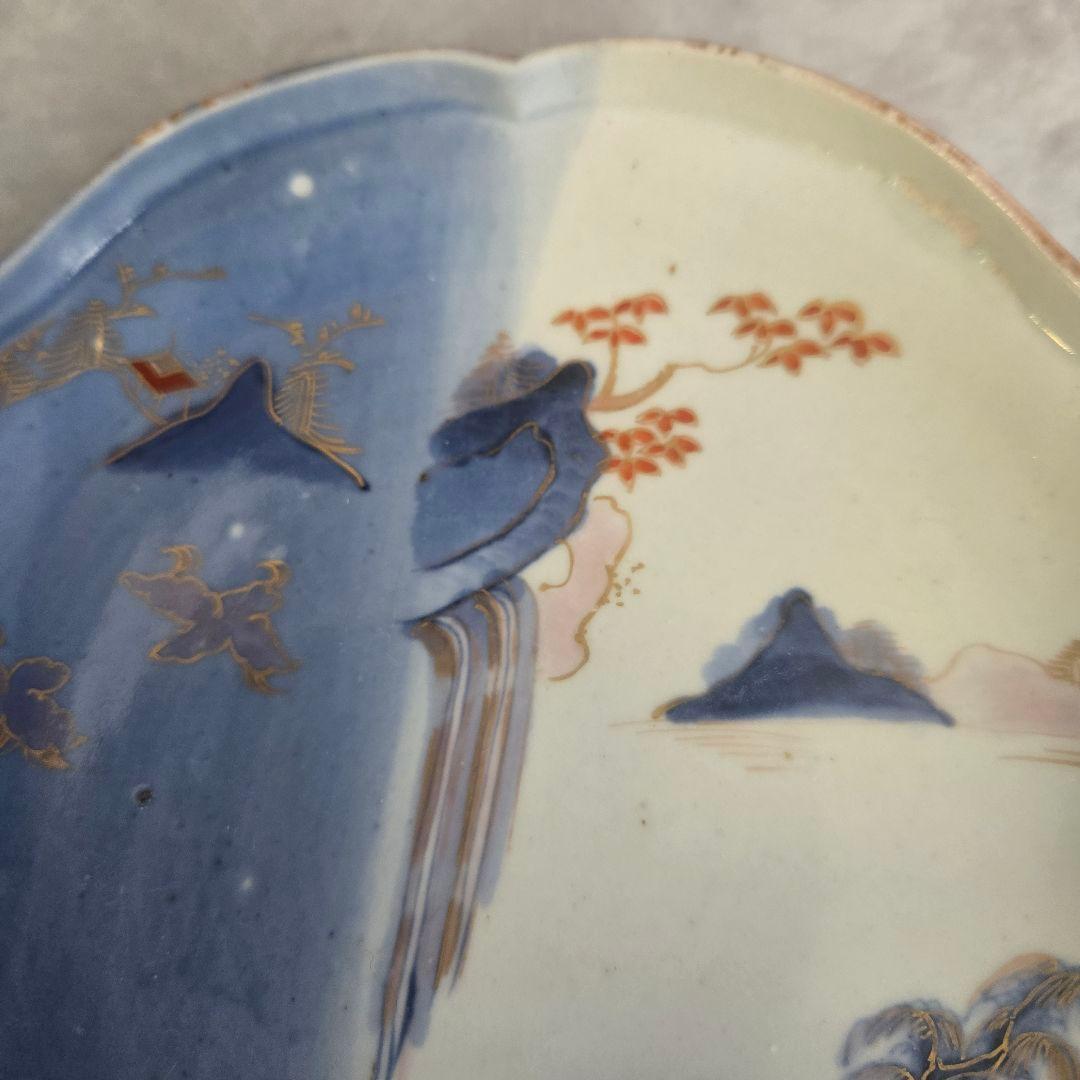 古伊万里 染め分け 変形皿 滝 薄瑠璃 江戸時代 骨董 金継ぎ アンティーク
