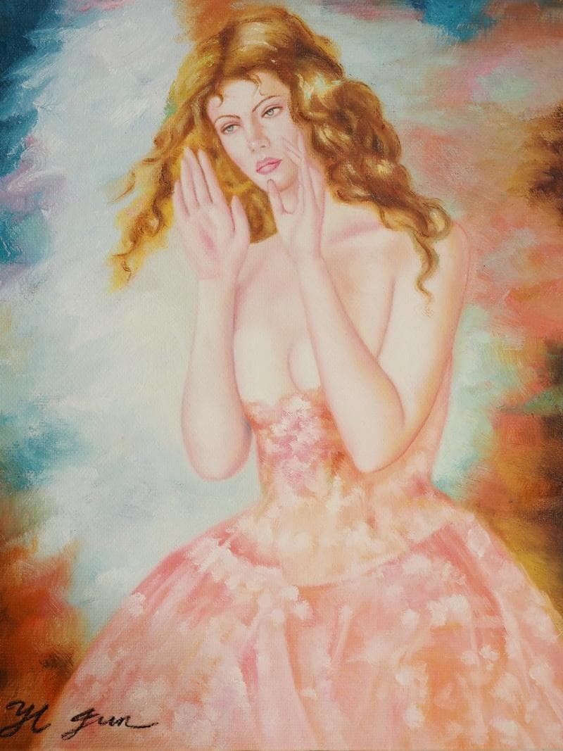 人物画　油絵　浜辺順　F6号　オフェーリア・冬　額付き　手描き　肉筆