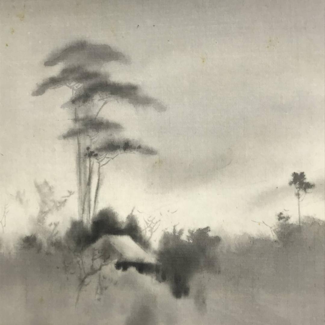 真作】森田華香/山水図/田家の朝/横物/大幅/掛軸/名家伝来/