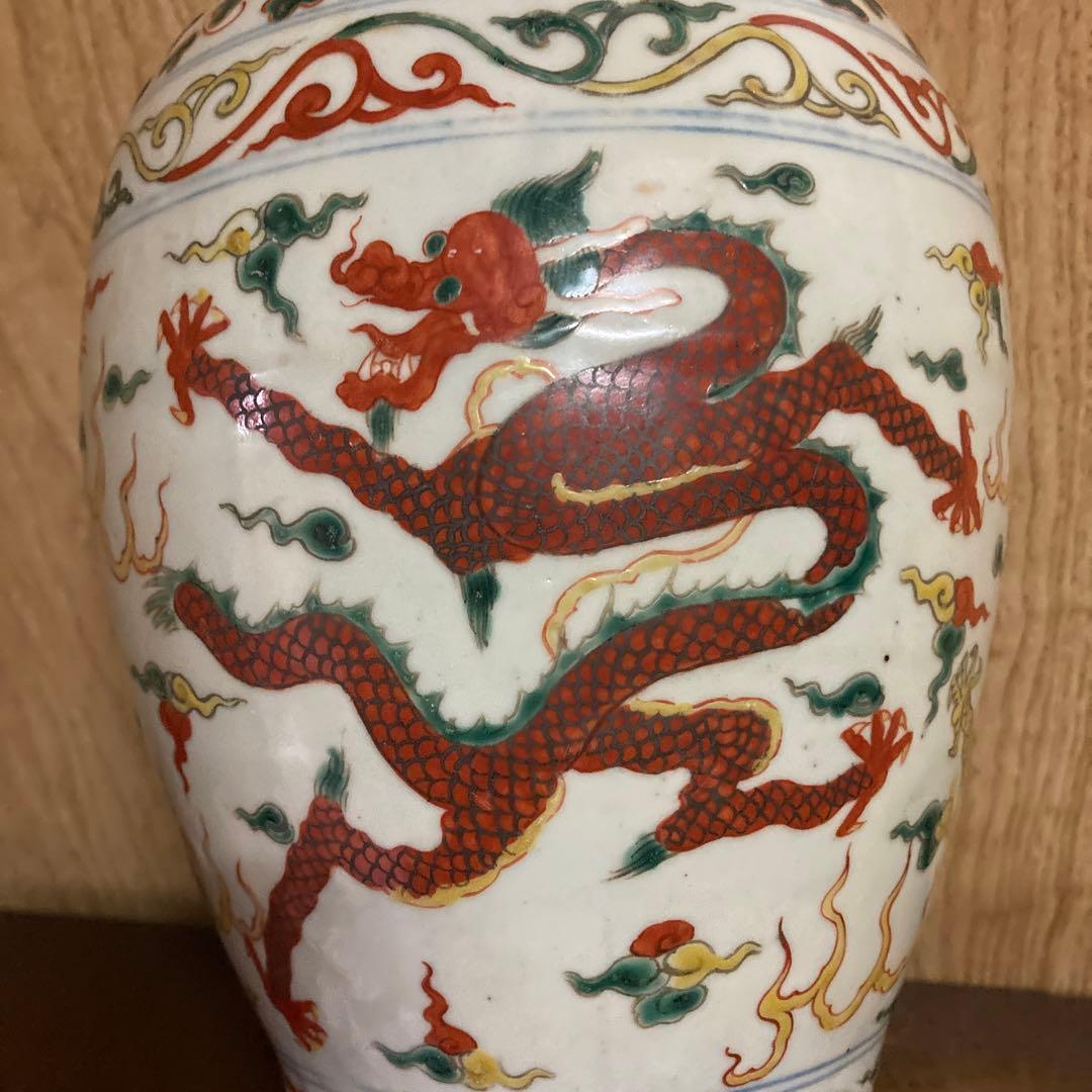 中国 色絵 瓶 梅瓶 雲龍鳳凰図 大明嘉靖年製銘