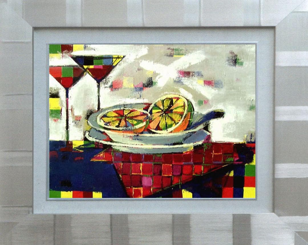 油絵 菅家令子インテリア 額付(白) uF6-061703 静物 フルーツグラス