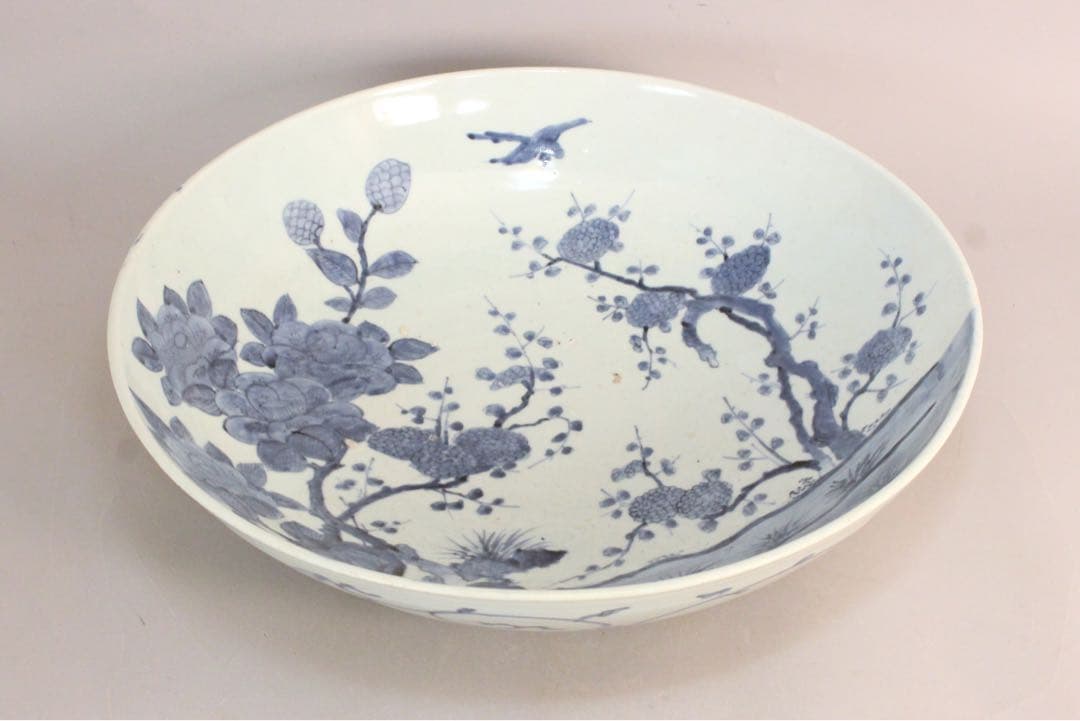 No5146 古伊万里　大明成化年製　染付花鳥文大皿　直径47cm 送料無料 No5146 古伊万里 大明成化年製 染付花鳥文大皿 直径47cm 送料無料