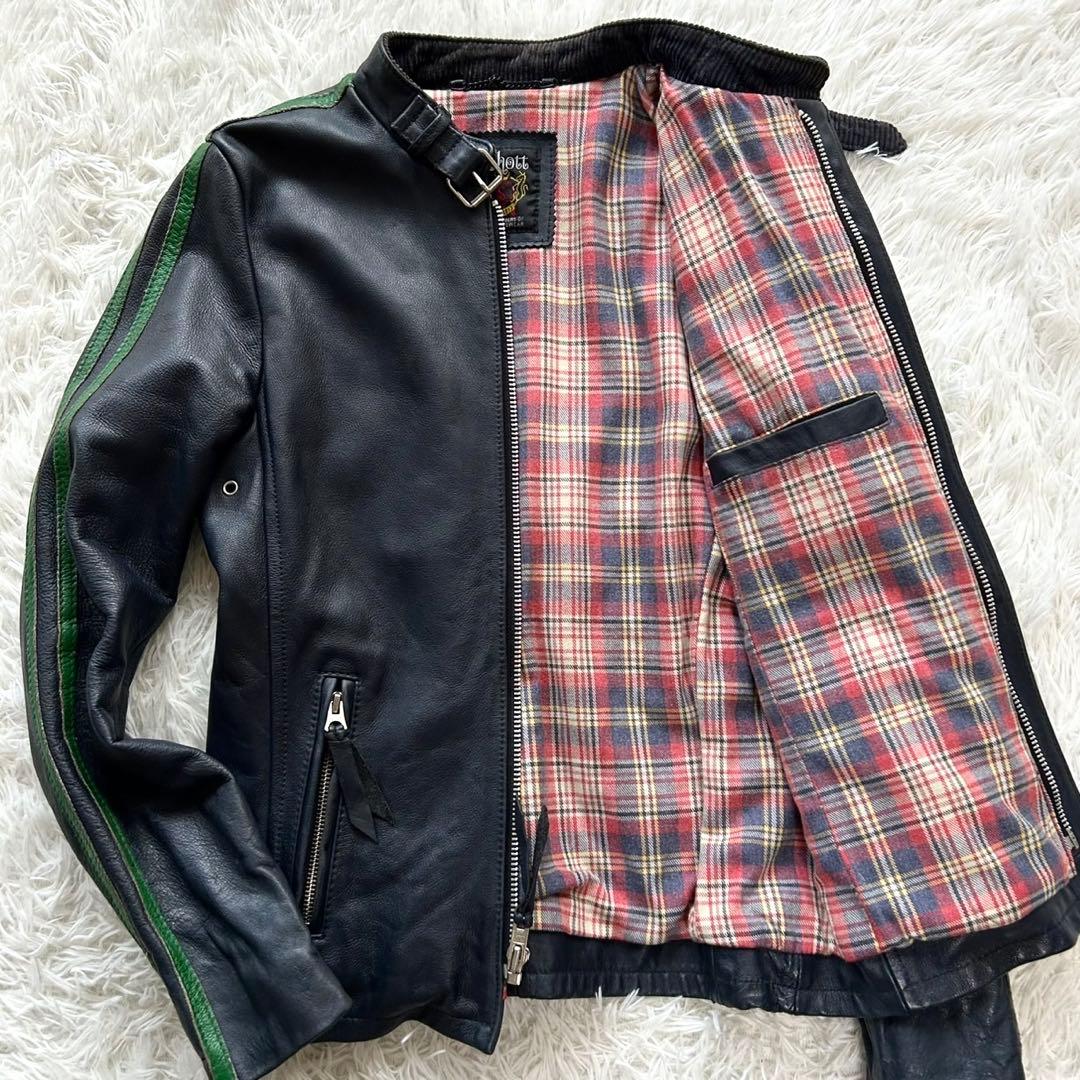 希少色　ショット　シングルライダースジャケット　牛革　グレーネイビー　S相当 希少色 ショット シングルライダースジャケット 牛革 グレーネイビー S