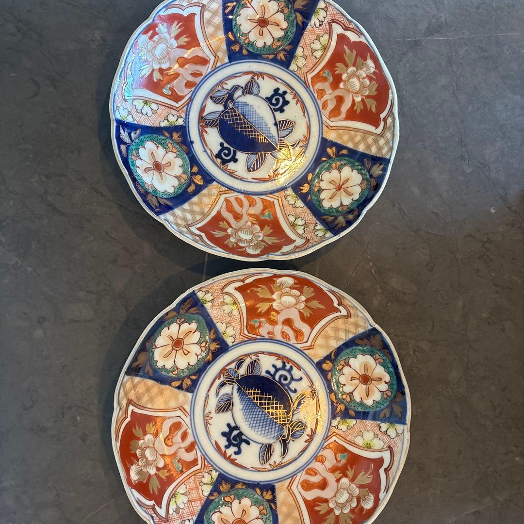 美品】古伊万里 色絵 桃手 飛蝗亀文 輪花皿 径約22cm 金彩 骨董 江戸