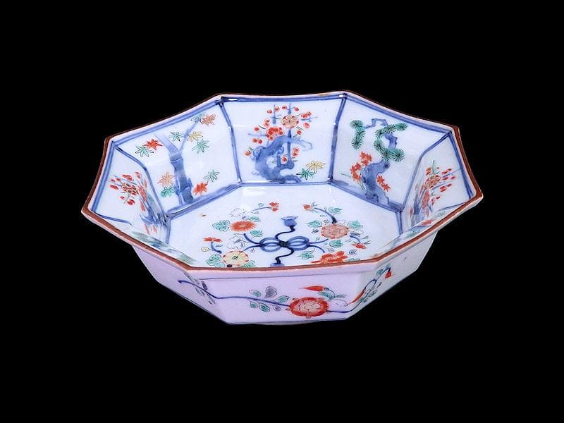 大聖寺伊万里 染錦 柿右衛門写 松竹梅の図 八角膾皿 N293AS-fbuj