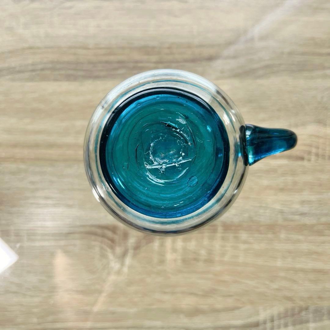 骨董 時代ガラス 希少青緑色フチ 取手付き アイスクリームグラス 氷コップ