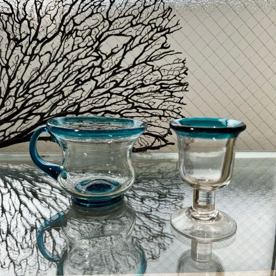 骨董 時代ガラス 希少青緑色フチ 取手付き アイスクリームグラス 氷コップ