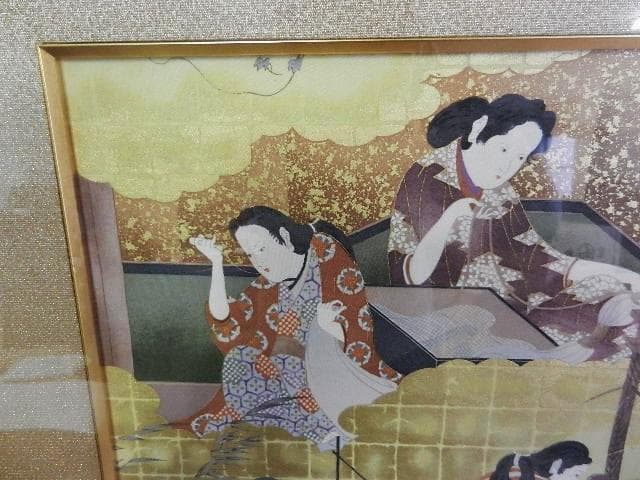 額装正絹染め江戸時代風俗絵「職人尽絵・機織図（しょくにんづくし