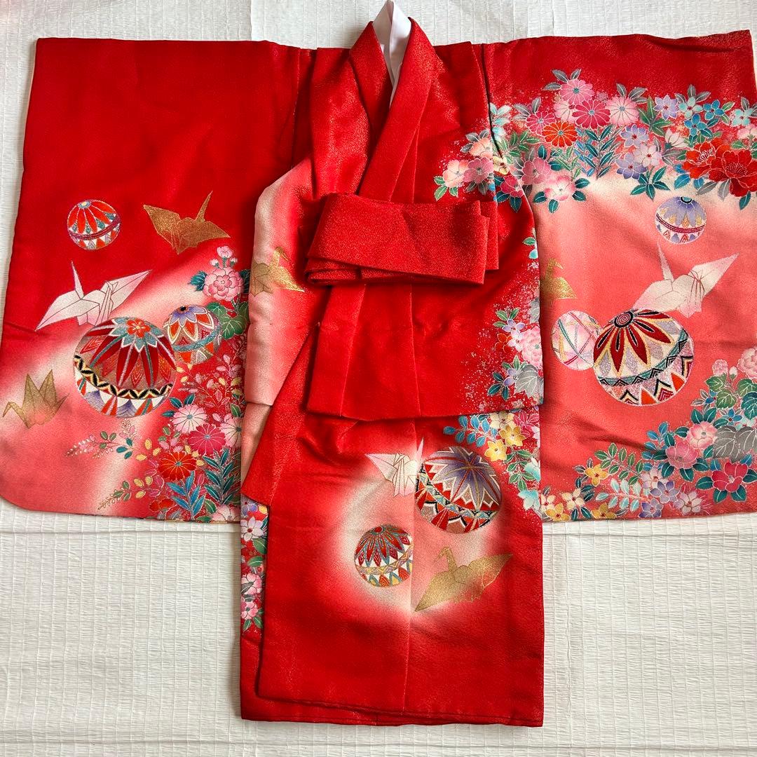 七五三 3歳 着物 753 正絹 被布 総絞り 三歳 赤 草履 金糸 花柄 毱