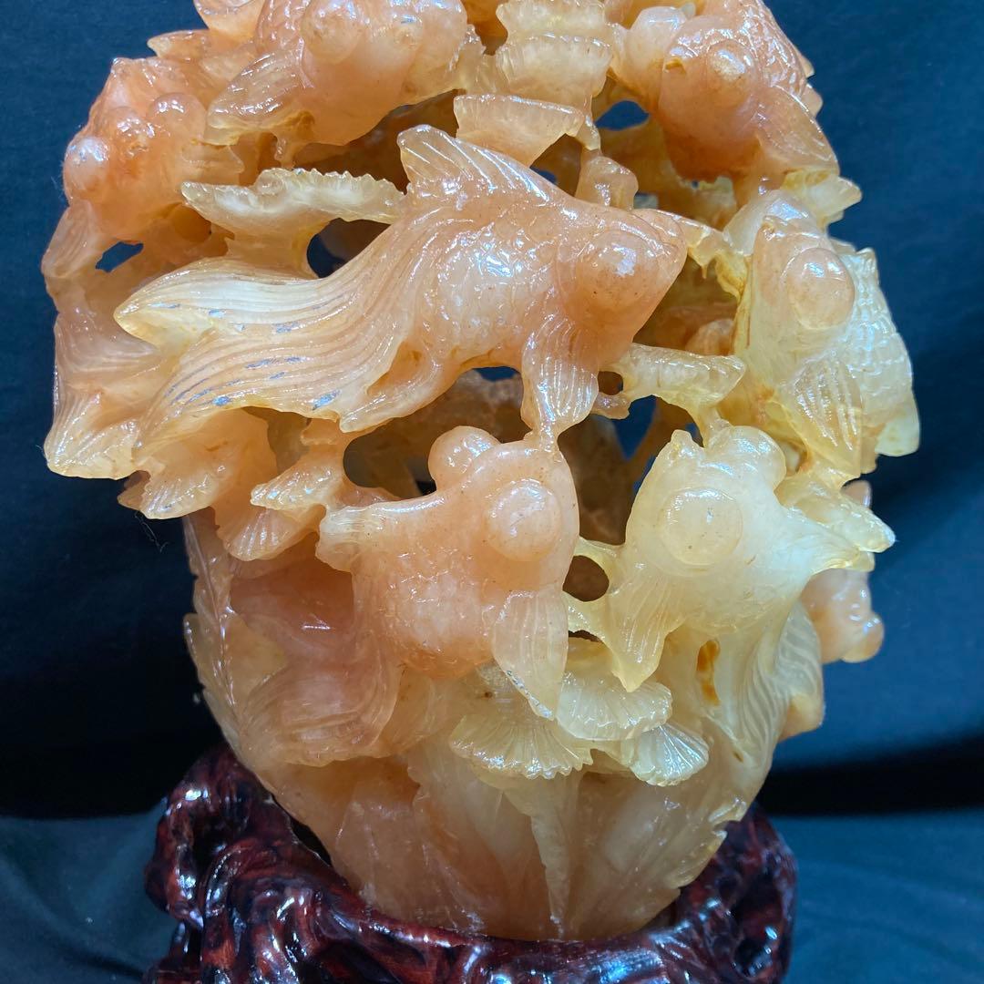 《中国美術》天然石 彫刻 金魚 水草 置物