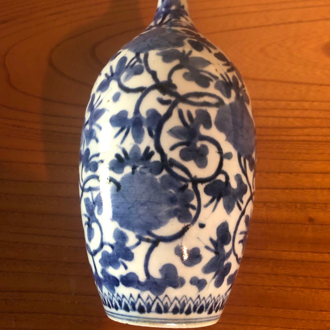 上手の古伊万里花染付唐草文鶴首徳利